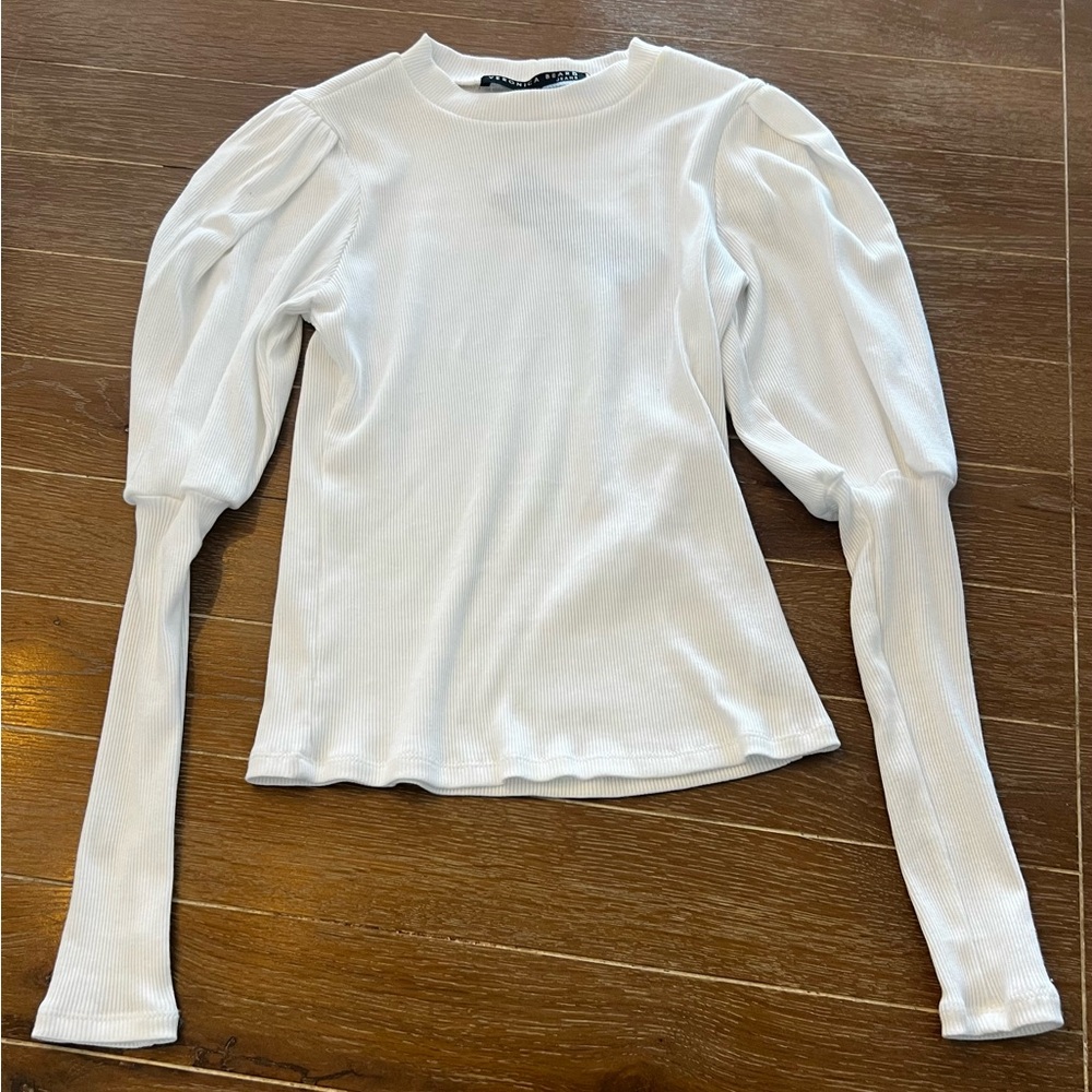 NWT Veronica Beard White Ribbed Long Puffed Sleeve Top, size XS.
